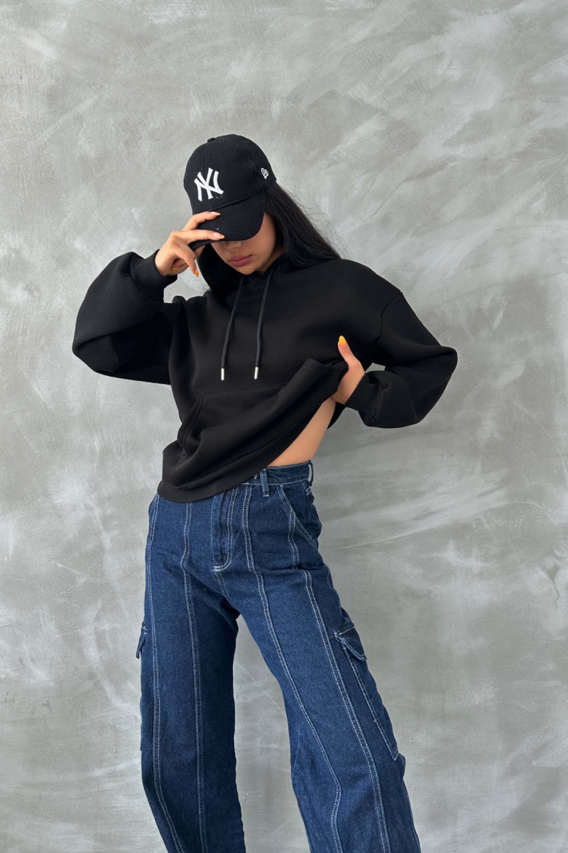 Vegas Üç İplik Şardonlu Oversize Sweatshirt Siyah - 1