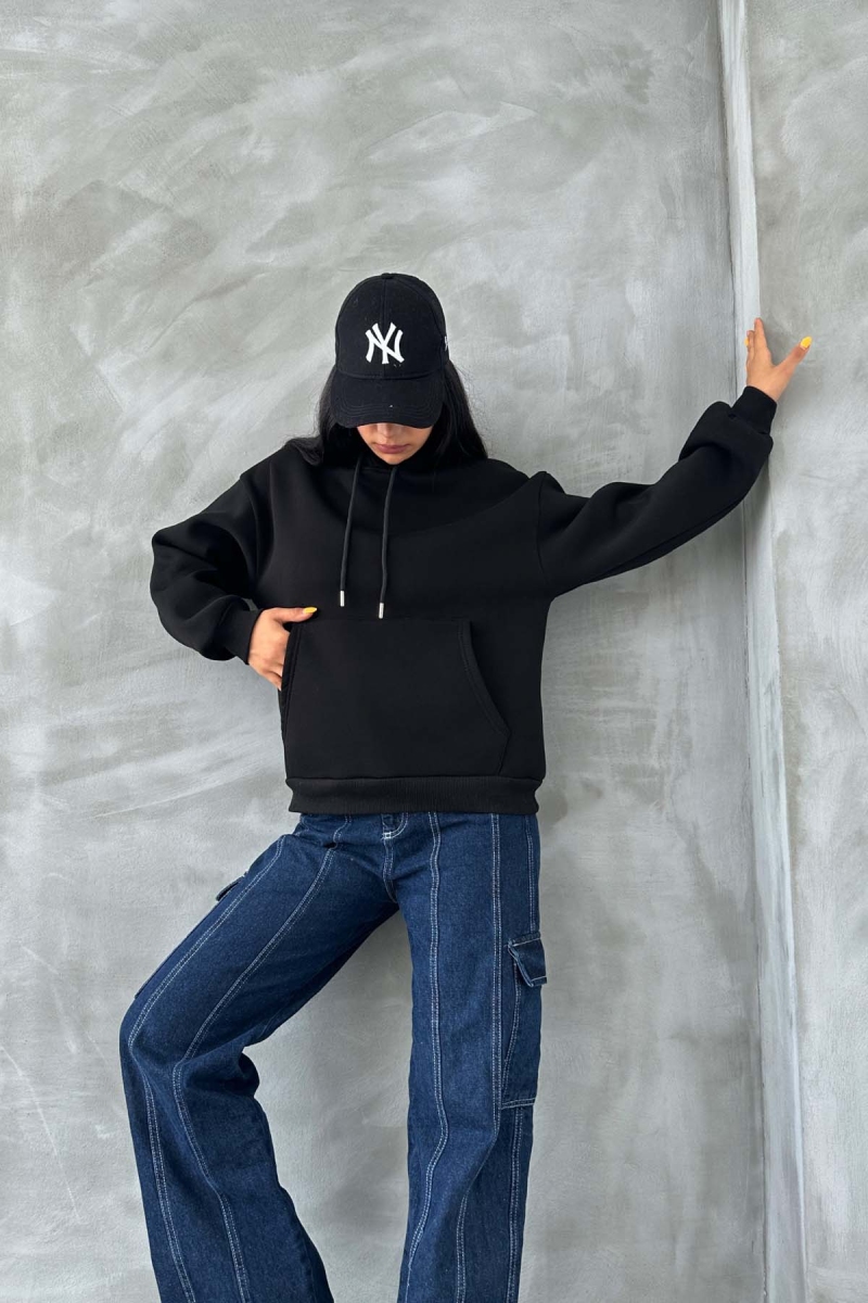 Vegas Üç İplik Şardonlu Oversize Sweatshirt Siyah - 2