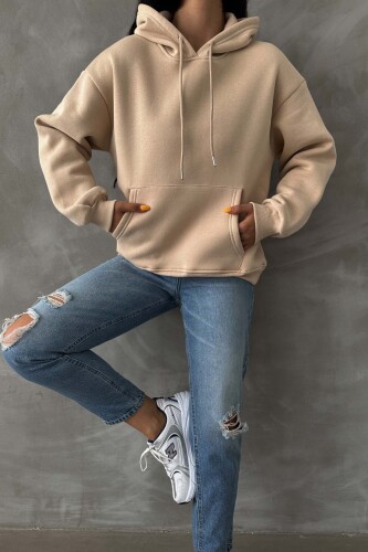 Vegas Üç İplik Şardonlu Oversize Sweatshirt Taş - 4